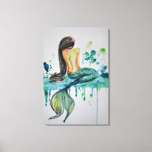 Impressão Em Tela Pintura em Tela de Sereia em Aquarela