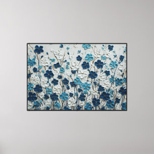 Impressão Em Tela Pintura Floral Azul e Branco com Centros Dourados