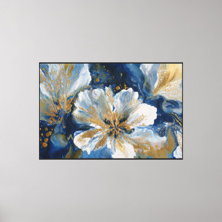Impressão Em Tela Pintura Floral Branca e Dourada sobre Azul Profund