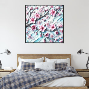 Impressão Em Tela Pintura Floral de Cerejeira Texturizada Arte de Pa