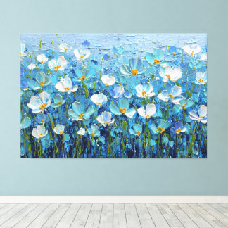 Impressão Em Tela Pintura Floral Texturizada Azul e Turquesa