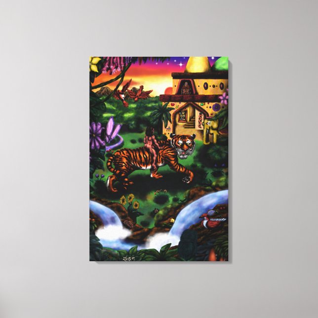 Impressão Em Tela pintura homem andando no templo da selva do tigre (Frente)