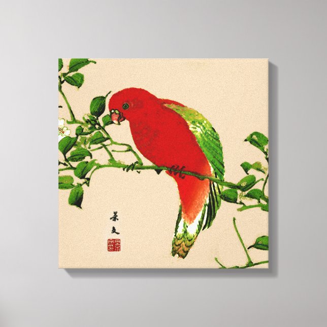 Impressão Em Tela Pintura japonesa de papagaio, vermelho e verde (Frente)