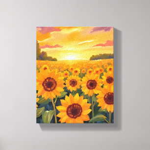 Impressão Em Tela Pintura Paisagem do Pôr do Sol no Campo de Girassó