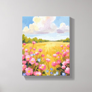 Impressão Em Tela Pintura paisagística de campo de flores cor-de-ros