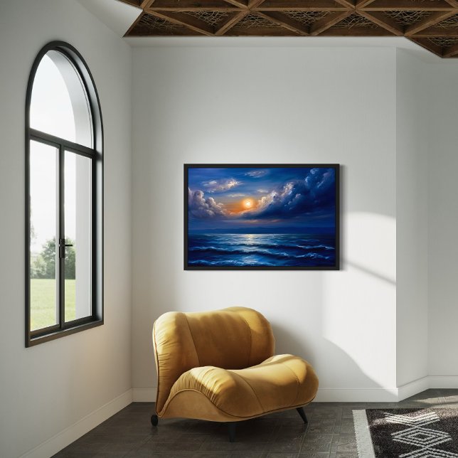 Impressão Em Tela Pintura solar do oceano romântico - paisagem azul (Criador carregado)