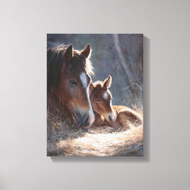 Impressão Em Tela Pintura Suave de Égua e Potro à Luz (Frente)