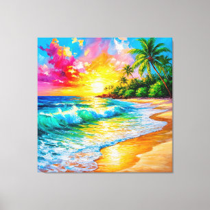 Impressão Em Tela Pintura Vibrante do Pôr do Sol Tropical com Ondas
