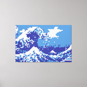 Impressão Em Tela Pixel Tsunami Blue 8 Bit Pixel Art