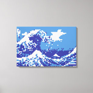 Impressão Em Tela Pixel Tsunami Blue 8 Bits Pixel Art