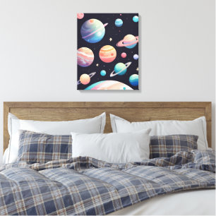 Impressão Em Tela Planetas coloridos de Pastel no espaço escuro
