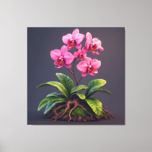 Impressão Em Tela Planta de Orquídea Rosa Com Folhas Verdes
