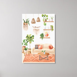 Impressão Em Tela Plantas caseiras em aquarela em Casa Estilo Boêmio