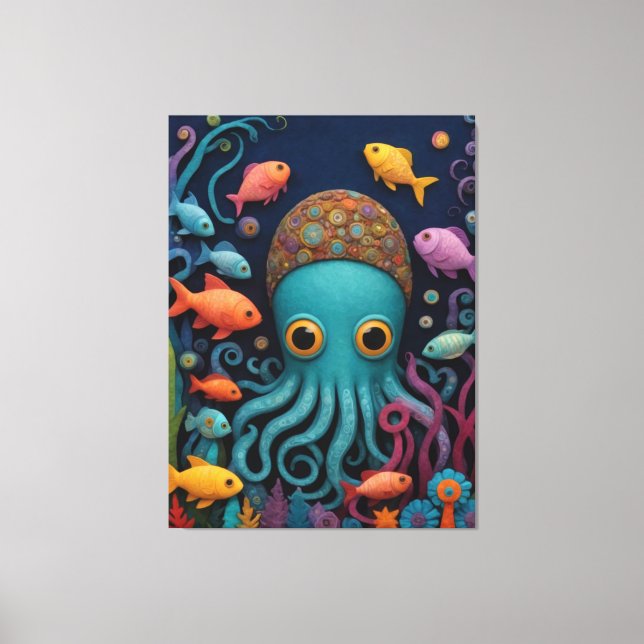 Impressão Em Tela polvo de desenho animado com muitos peixes (Frente)