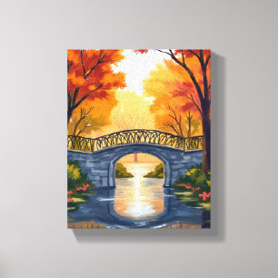 Impressão Em Tela Ponte do Parque de Outono Aquarela de Folhagem d