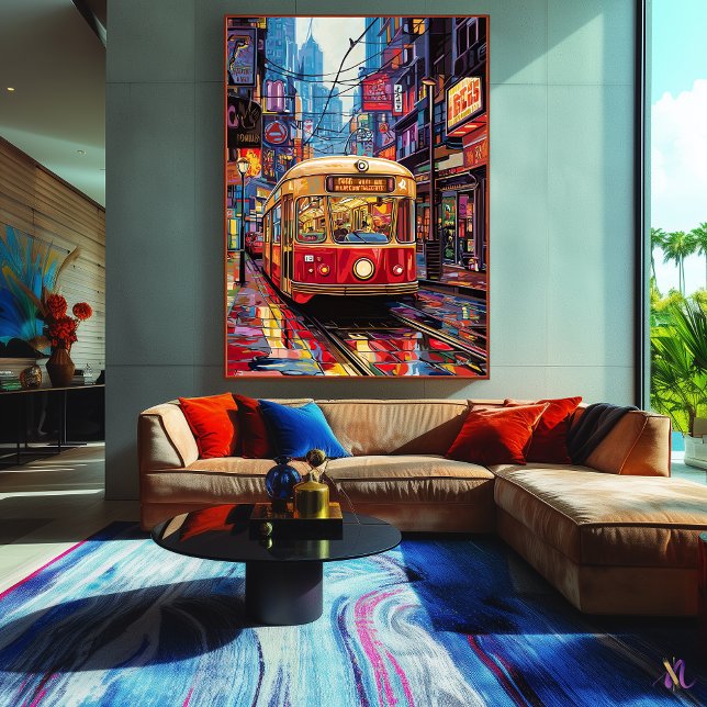 Impressão Em Tela Pop Art City Tram com Reflexões de Neon (Criador carregado)