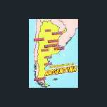 Impressão Em Tela Pop Art Ilustrado Argentina<br><div class="desc">Este mapa ilustrado da Argentina é renderizado em um estilo vibrante de pop. O mapa é esboçado em preto e preenchido com uma cor amarela clara,  colocada sobre um fundo azul com um padrão pontilhado. As grandes cidades da Argentina são rotuladas em caixas azuis.</div>