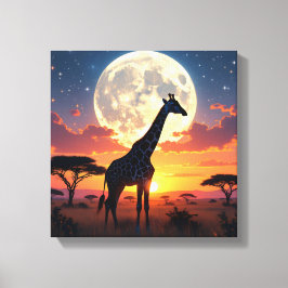 Impressão Em Tela Pôr do Sol Africano Girafa Lua Tela