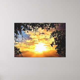 Impressão Em Tela Pôr do Sol Através de Folhas Silhuetadas