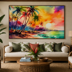 Impressão Em Tela Pôr do sol colorido em aquarela arte tropical XL