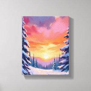 Impressão Em Tela Pôr do Sol de Neve de Inverno Pintura em Aquarel
