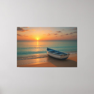 Impressão Em Tela Pôr do Sol Dourado Pacífico com Barco na Tela de P