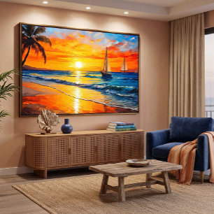Impressão Em Tela Pôr do sol e pintura de veleiros