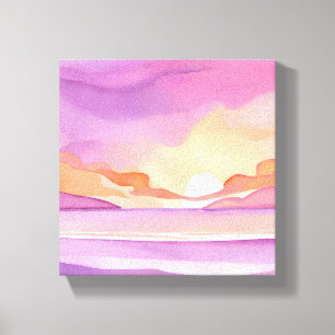 Impressão Em Tela Pôr do sol em aquarela rosa   Céu oceânico lindo