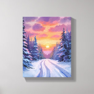 Impressão Em Tela Pôr do Sol na Neve   Paisagem Montanhosa de Invern