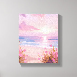 Impressão Em Tela Pôr do Sol na Praia com Rubor Rosa em Aquarela Pas