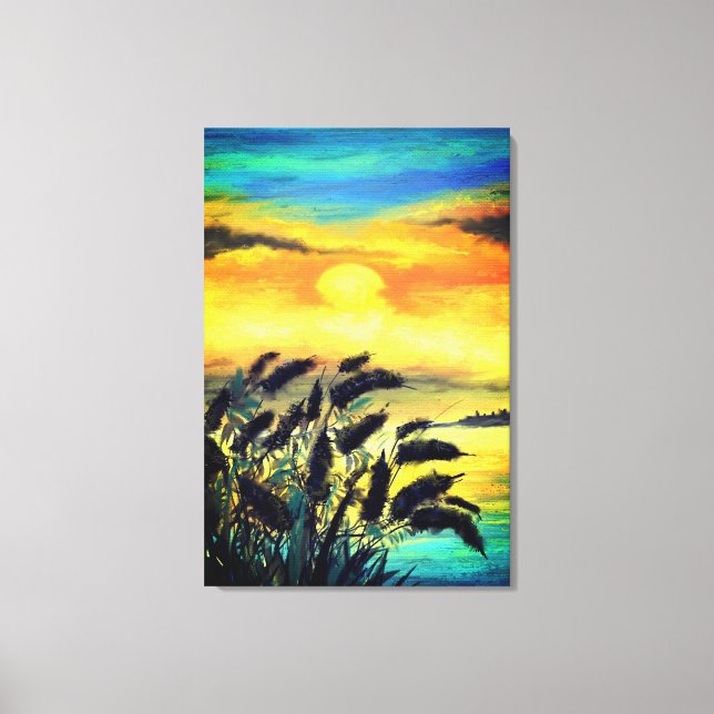 Impressão Em Tela Pôr do Sol no Lago - Aquarela (Frente)