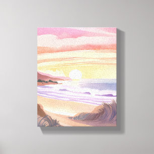 Impressão Em Tela Pôr do Sol no Mar Corado Pintura em Aquarela de
