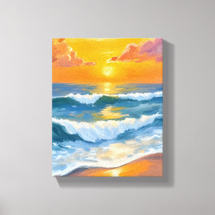 Impressão Em Tela Pôr do Sol no Mar Laranja Aquarela Ondas do Oceano