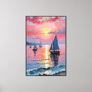 Impressão Em Tela Pôr do sol no oceano com veleiros e céu colorido