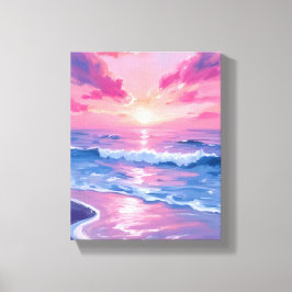 Impressão Em Tela Pôr do Sol Oceano Rosa Ondas Aquarela