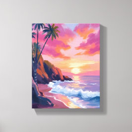 Impressão Em Tela Pôr do Sol Rosa Tropical Oceano Aquarela