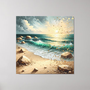 Impressão Em Tela Pôr do Sol Sobre Ondas do Oceano e Costa Rochosa