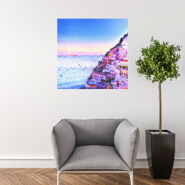 Impressão Em Tela Pôr do sol sobre Positano, pintura da Itália