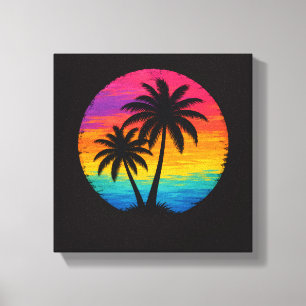 Impressão Em Tela Pôr do Sol Tropical Palmeiras Design Retro