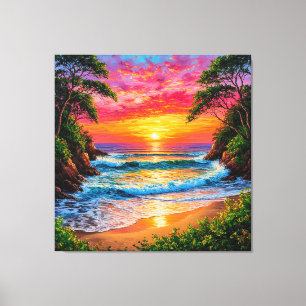 Impressão Em Tela Pôr do Sol Vibrante Sobre a Costa do Oceano