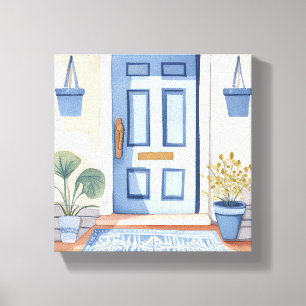 Impressão Em Tela Porta da Frente Azul   Pintura em Aquarela de Casa