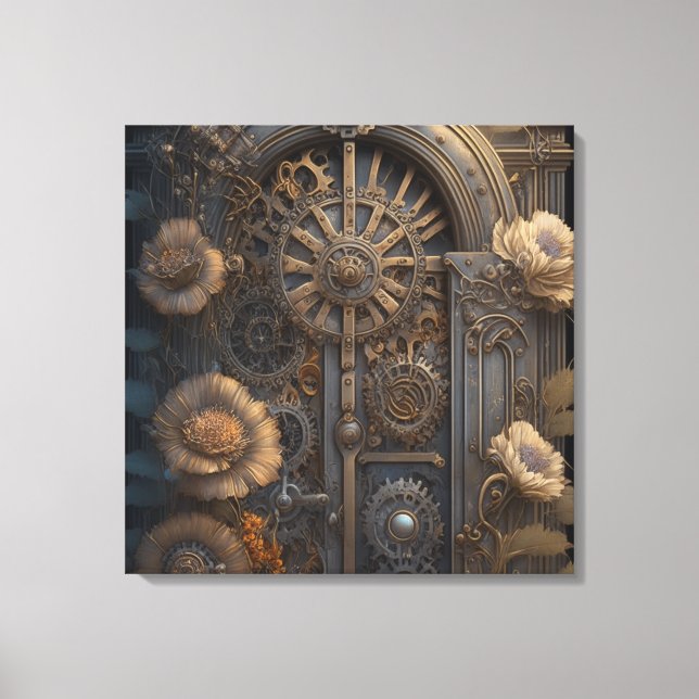 Impressão Em Tela Porta Steampunk com Flores (Frente)