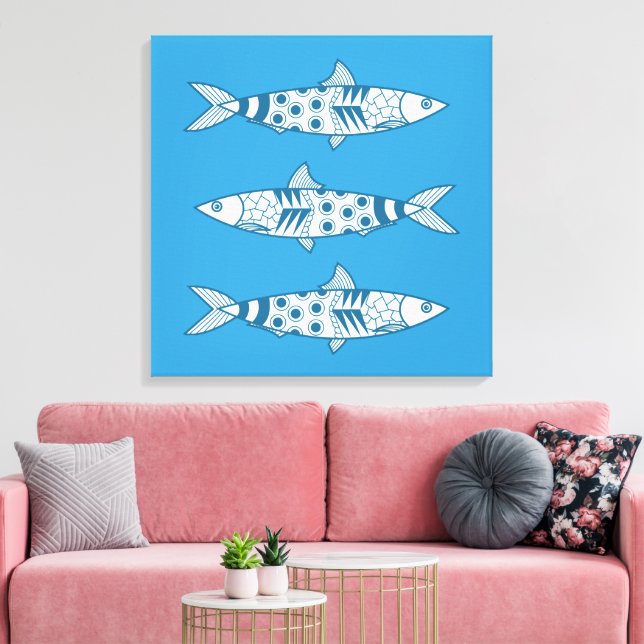 Impressão Em Tela Português Lisboa Sardinha Padrão Azulejos Azul (Insitu(Sala de estar))