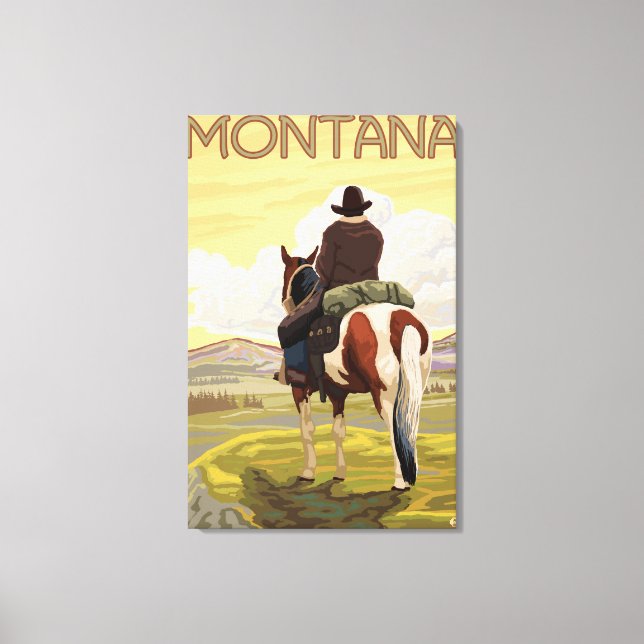 Impressão Em Tela Poster de viagens Cowboy & HorseMontanaVintage (Frente)