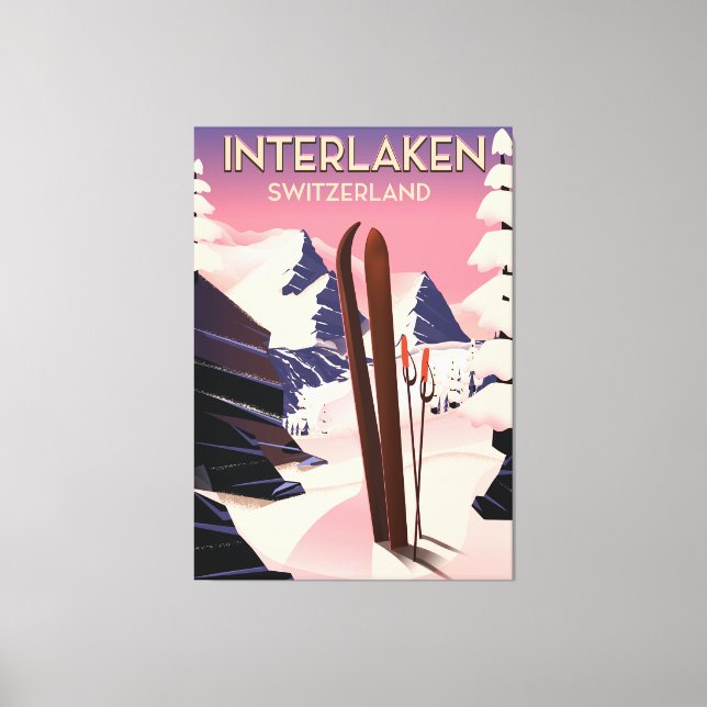 Impressão Em Tela Poster de viagens de Esqui de Suiça Interlaken. (Frente)