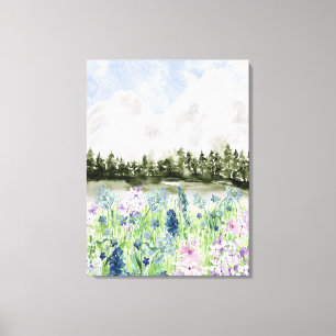 Impressão Em Tela Prado de Flores Roxas Azuis em Montanha em Aquarel