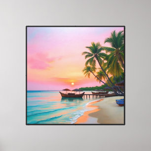 Impressão Em Tela Praia de Pôr do Sol Tropical com Barcos e Palmeira