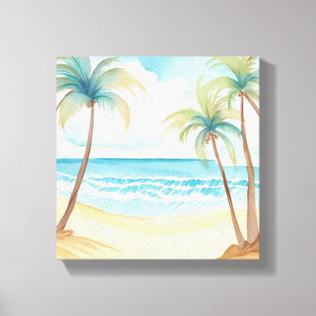 Impressão Em Tela Praia Havaiana | Palm Tree Tropical Watercolor (Frente)