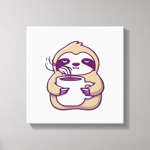 Impressão Em Tela Preguiça Kawaii Chibi com Caneca de Café � Arte de