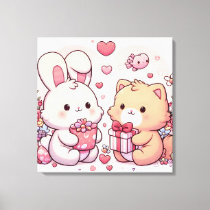 Impressão Em Tela Presente de Amor de Coelho e Urso Kawaii Fofo